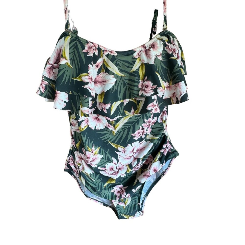 Kona Sol One Piece Swimsuit Green / Pink Orchid pattern, Ruffle Removable Straps